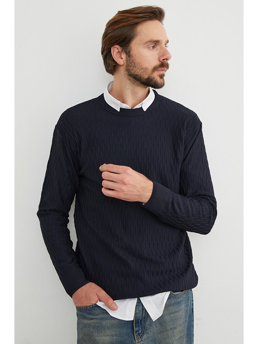 Lacivert Basic Bisiklet Yaka Triko Kazak-4