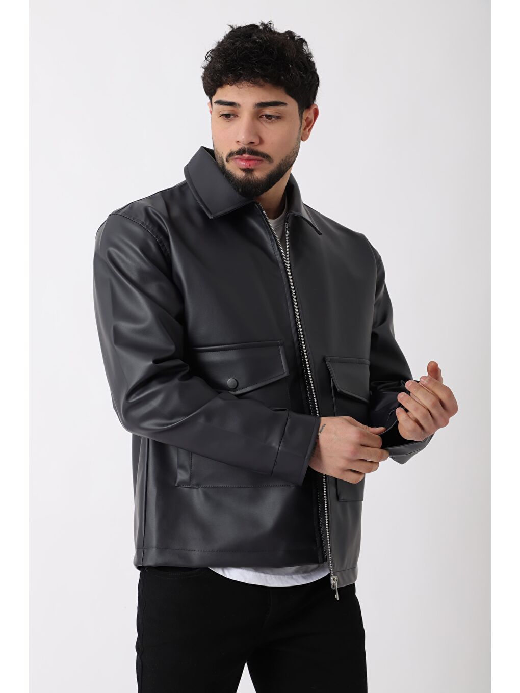 Lacivert Torba Cepli Yakalı Suni Deri Mont PLDP 2997_50444-1