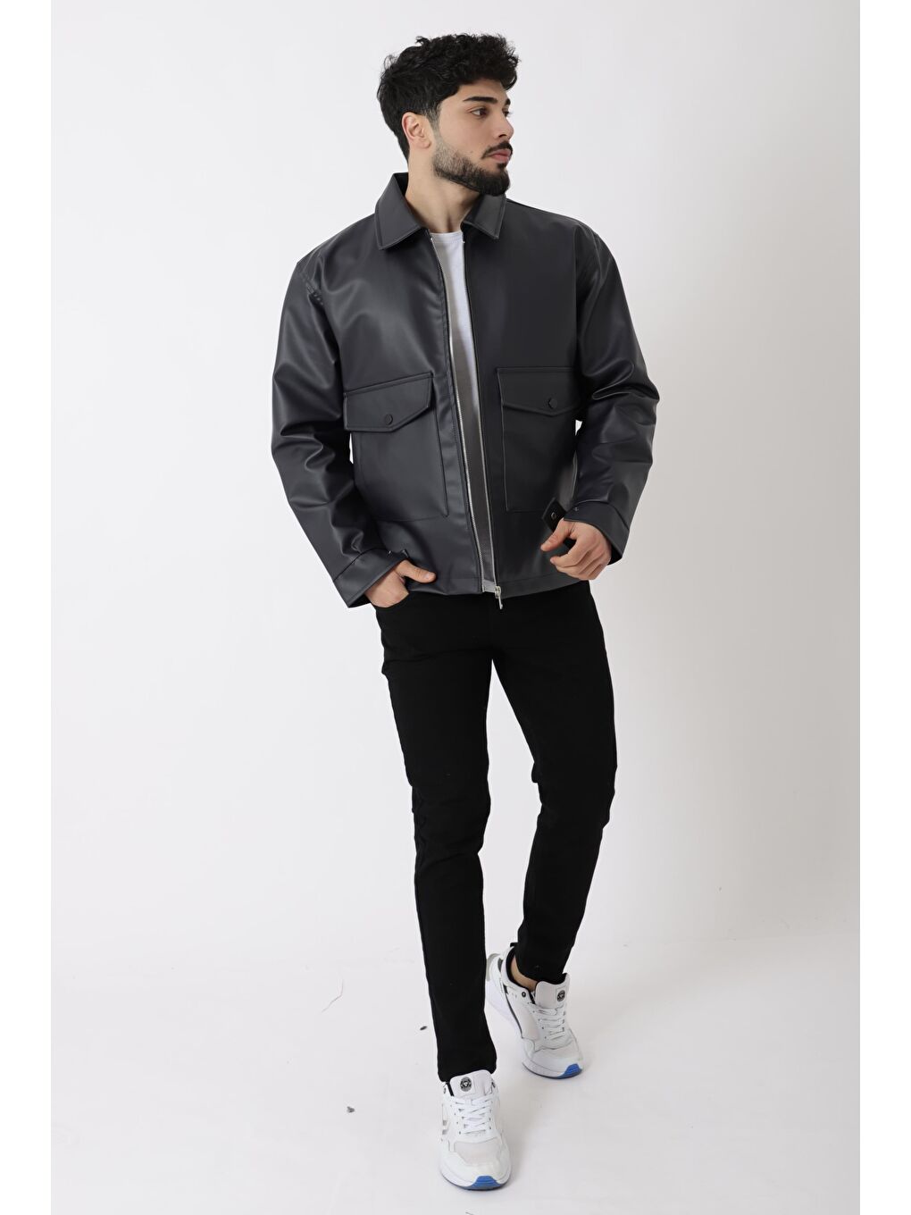 Lacivert Torba Cepli Yakalı Suni Deri Mont PLDP 2997_50444-2