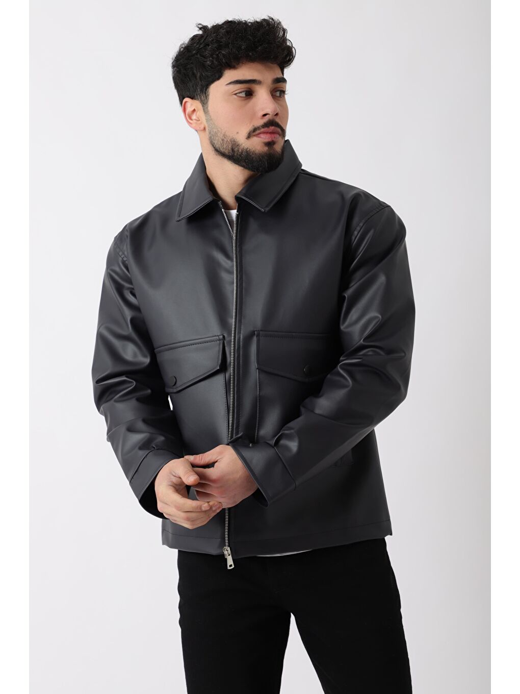 Lacivert Torba Cepli Yakalı Suni Deri Mont PLDP 2997_50444-4