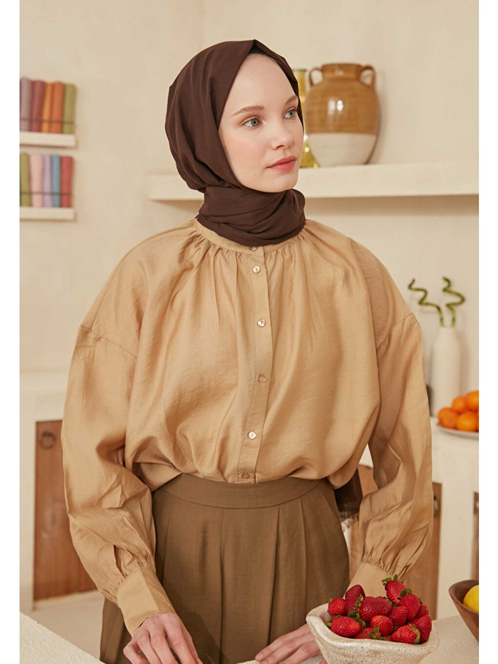 Kahverengi İnce Pamuk Vual Şal Acı Patlıcan