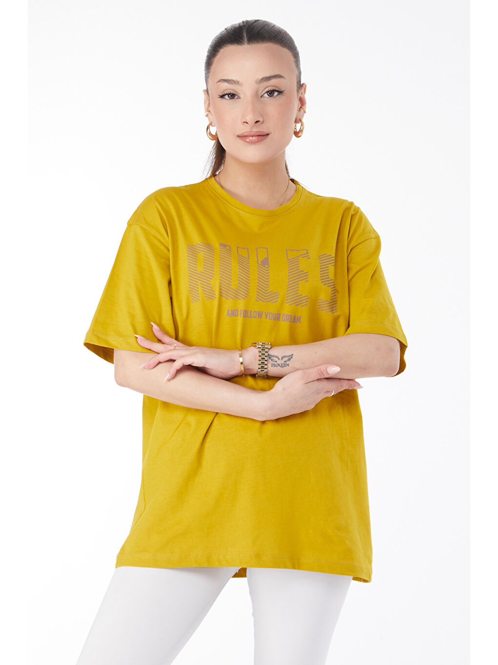 Kısa Kollu Baskılı T-shirt Yağ Yeşili - 24631-2