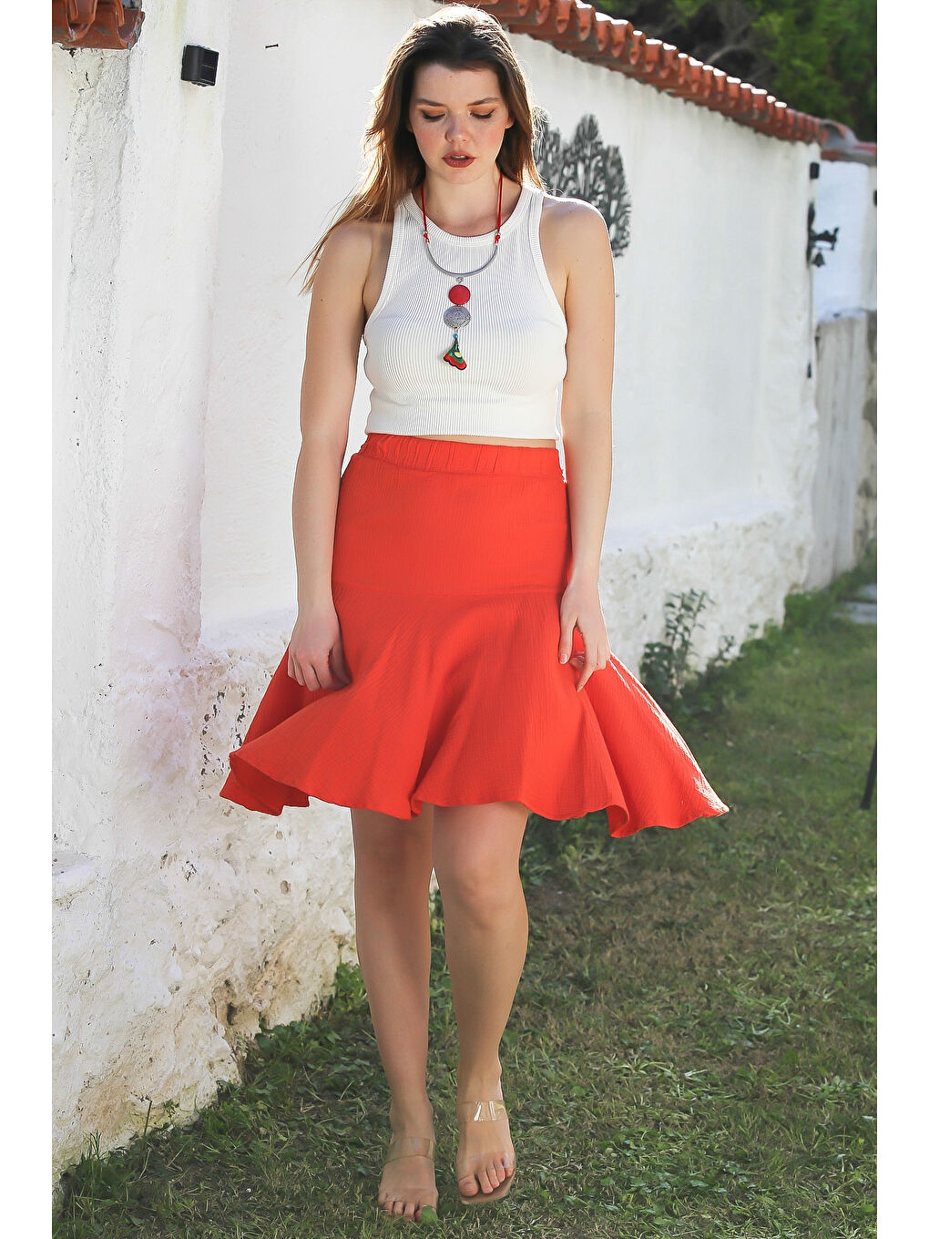 Kırmızı Narçiçeği Yıkamalı Kloş Kesim Kuşaklı Casual Müslin Dokuma Şort Etek 60 55-2