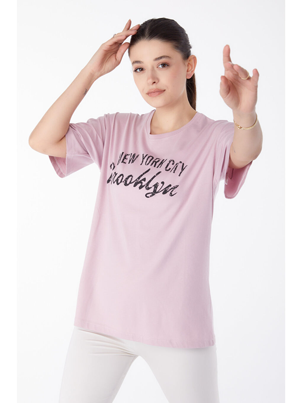 Pembe Baskılı Kısa Kollu T-Shirt Gül - 25386