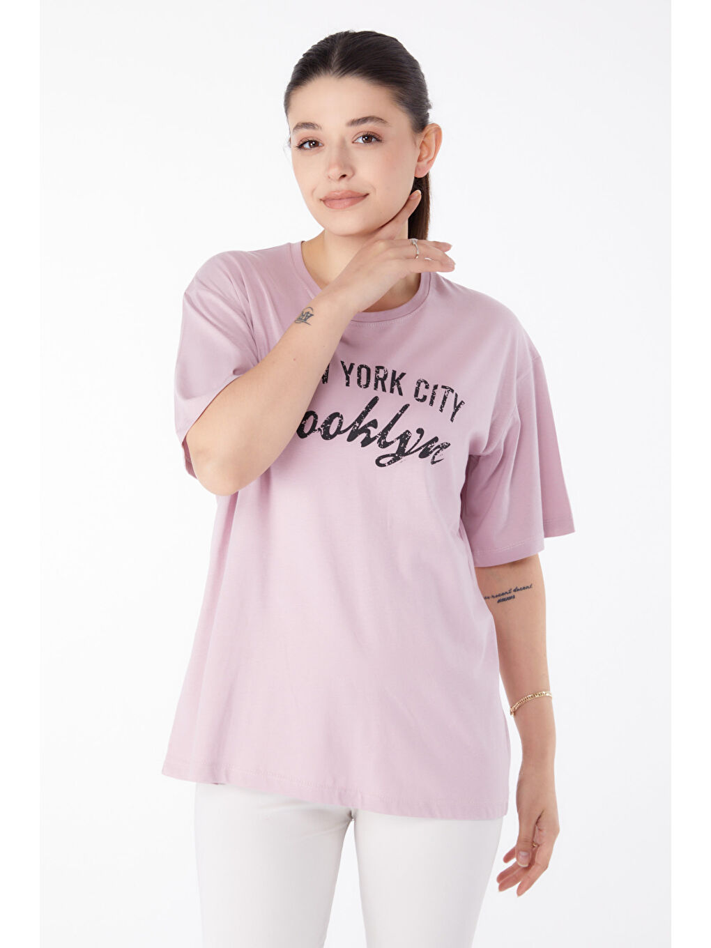 Pembe Baskılı Kısa Kollu T-Shirt Gül - 25386-1