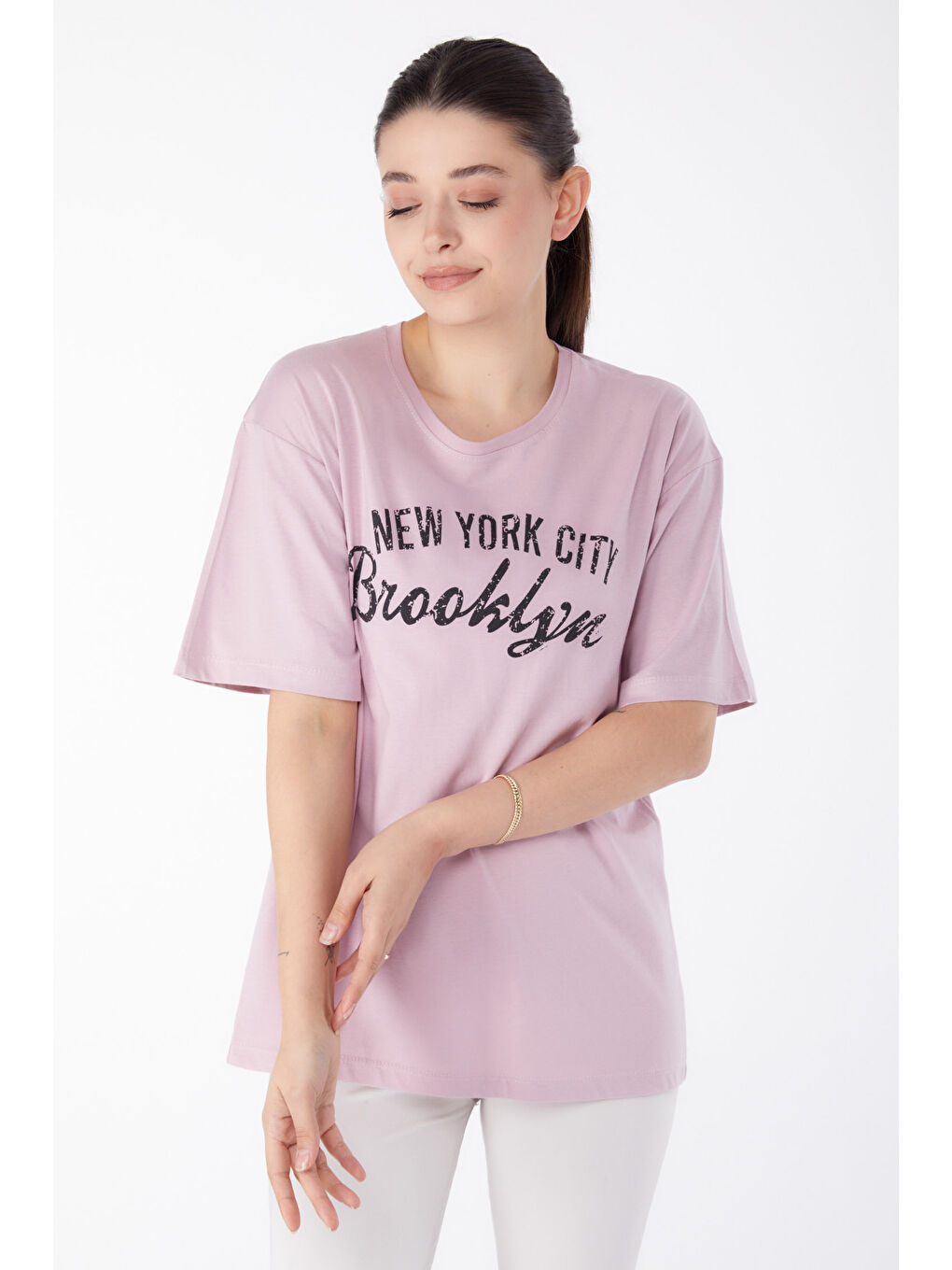 Pembe Baskılı Kısa Kollu T-Shirt Gül - 25386-2