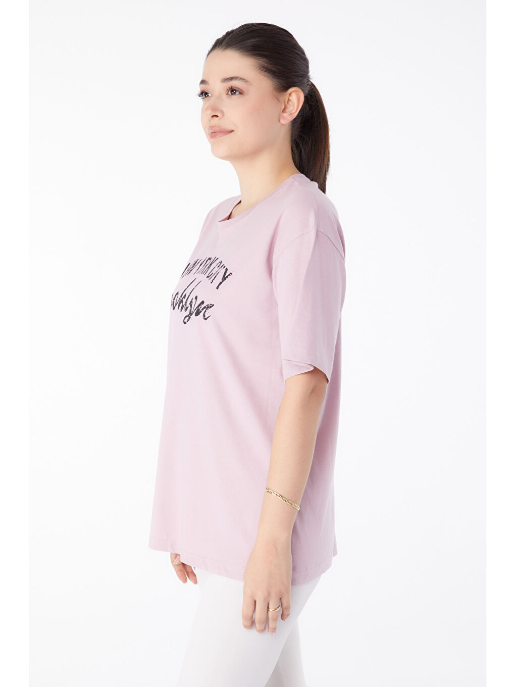Pembe Baskılı Kısa Kollu T-Shirt Gül - 25386-3
