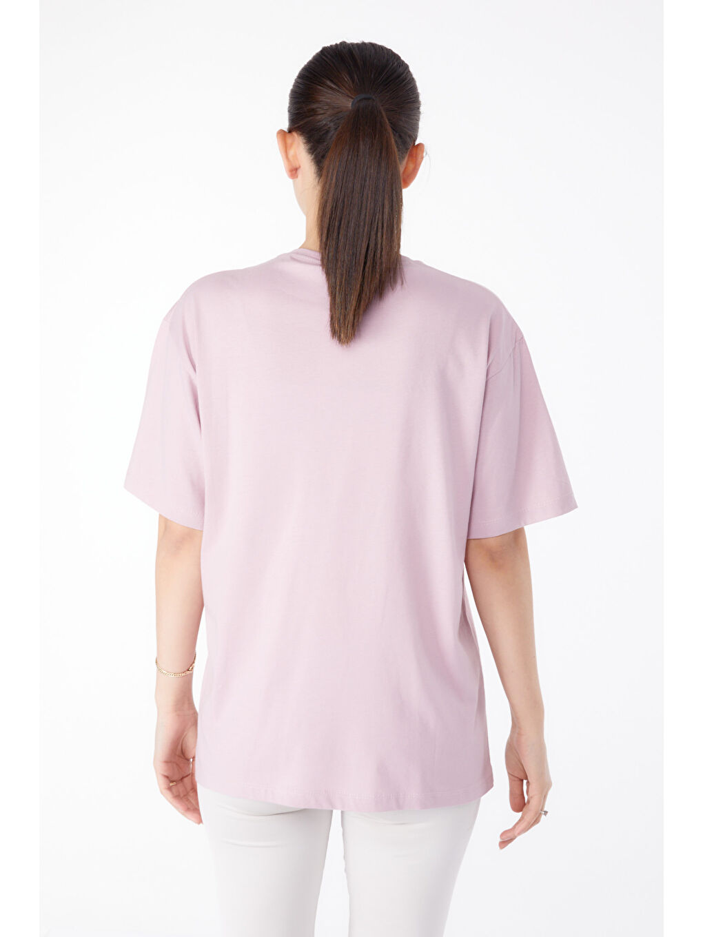 Pembe Baskılı Kısa Kollu T-Shirt Gül - 25386-4
