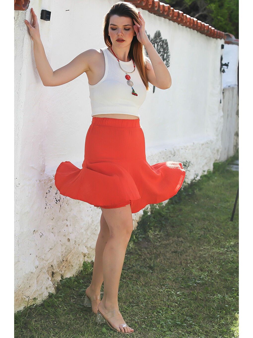 Kırmızı Narçiçeği Yıkamalı Kloş Kesim Kuşaklı Casual Müslin Dokuma Şort Etek 60 55-6