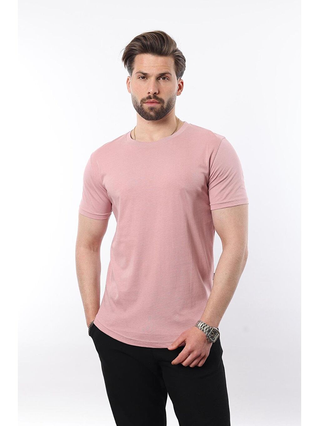 Pembe Pudra Erkek %100 Pamuk Tişört 4951-1