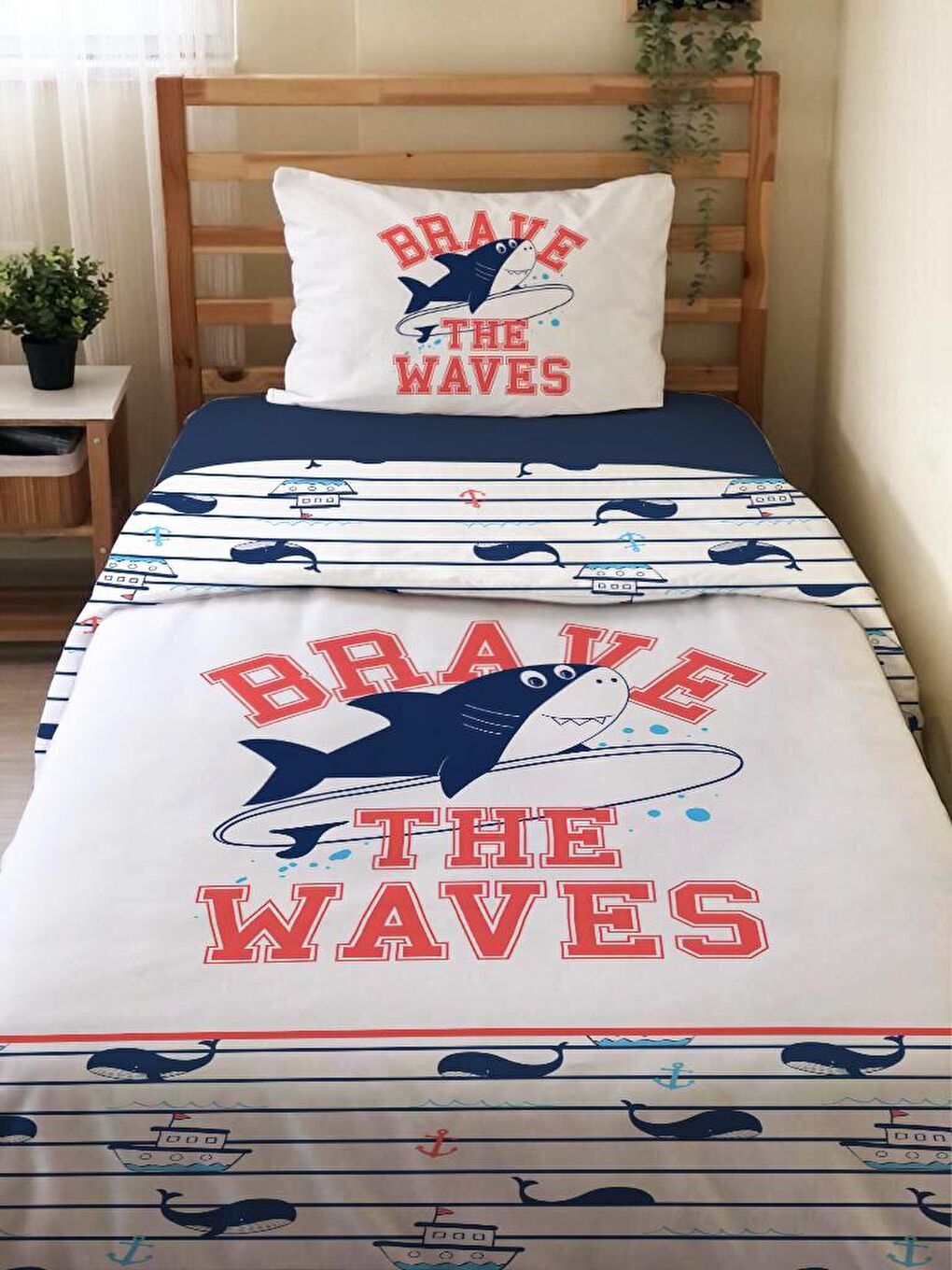 Karışık Çift Taraflı Köpek Balığı Desenli Çarşafsız Takım Tek Kişilik Nevresim Takımı 160x220 Cm