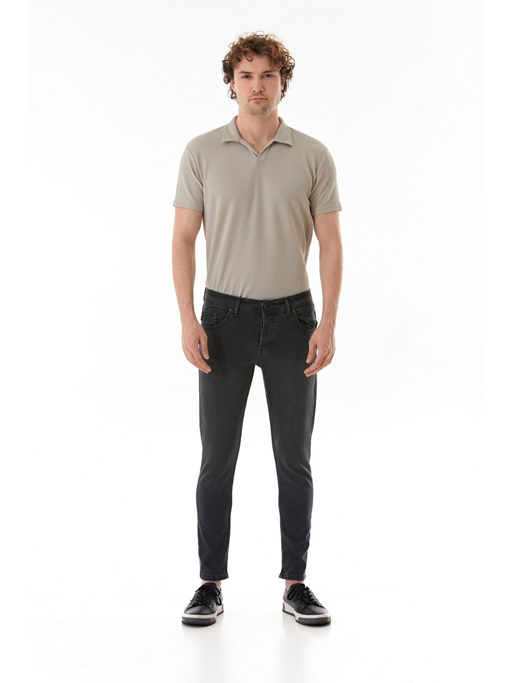 Gri Fermuarlı Slim Fit Jean Pantolon