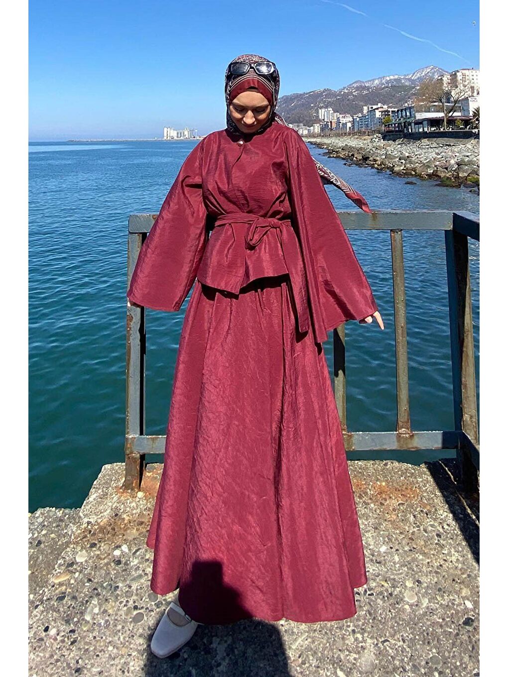 Bağcıklı Etek-Bluz İkili Takım Bordo-1