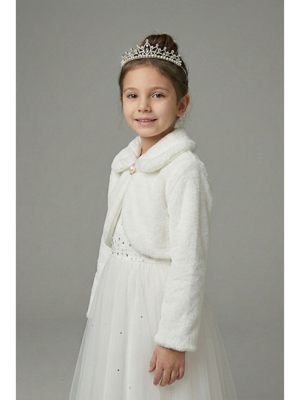 Ekru Pelüş Uzun Kol Kız Çocuk Bolerosu M00681-2