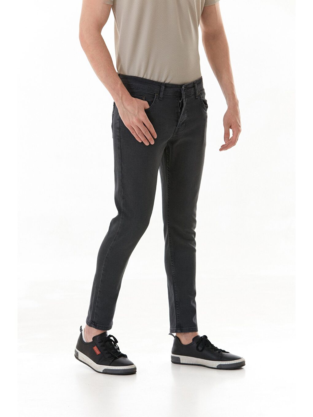 Gri Fermuarlı Slim Fit Jean Pantolon-1