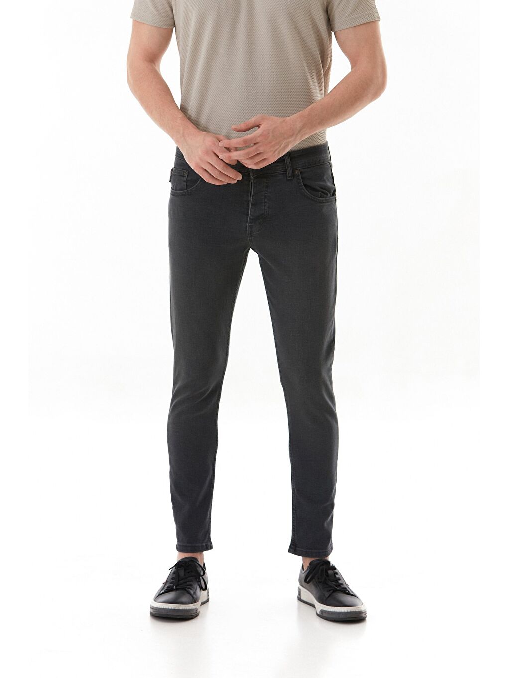 Gri Fermuarlı Slim Fit Jean Pantolon-3