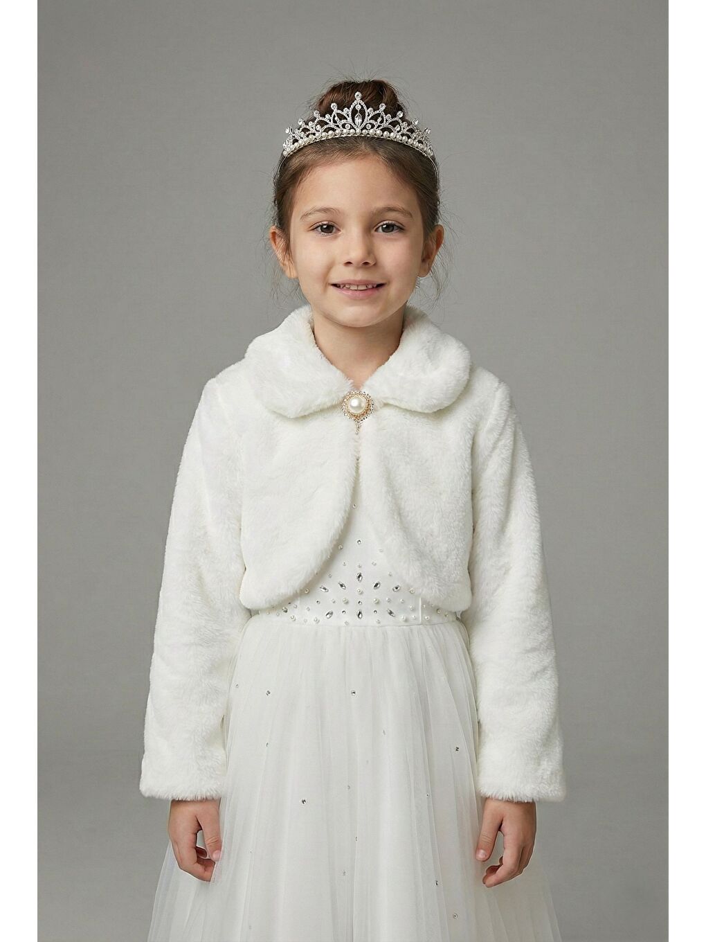 Ekru Pelüş Uzun Kol Kız Çocuk Bolerosu M00681-4