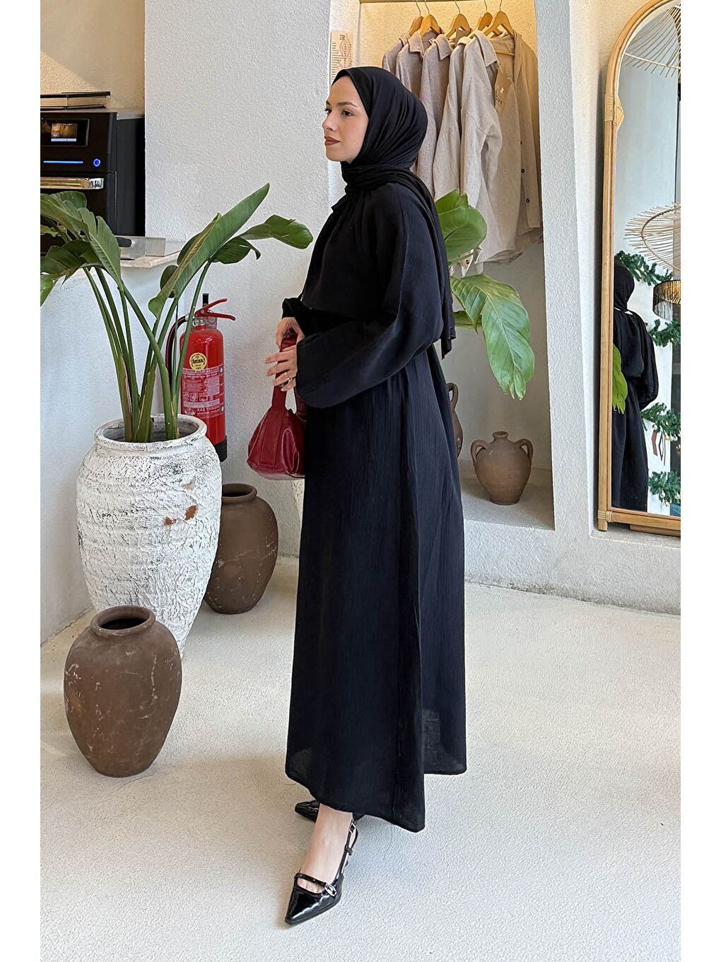 Balon Kol Bağlamalı Tesettür Elbise Siyah-1