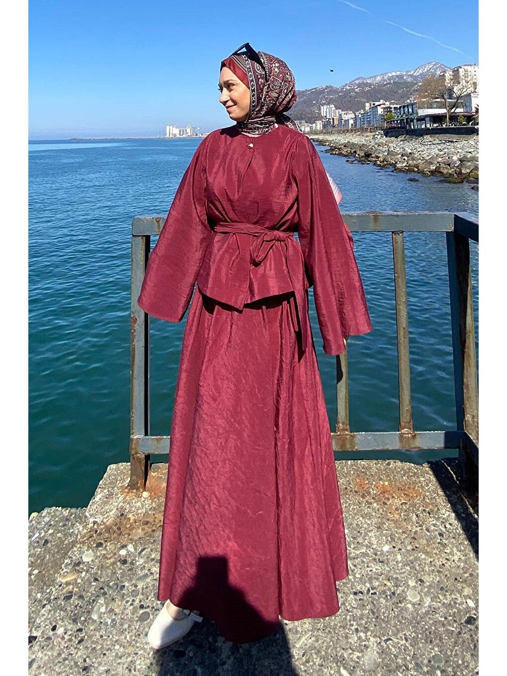 Bağcıklı Etek-Bluz İkili Takım Bordo-2