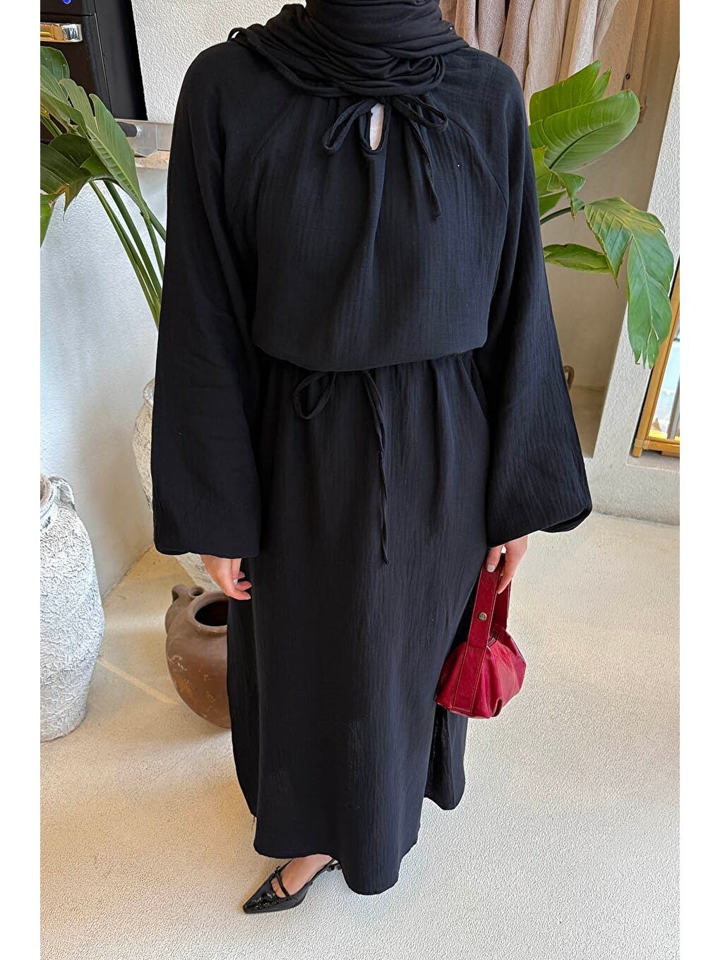 Balon Kol Bağlamalı Tesettür Elbise Siyah-2