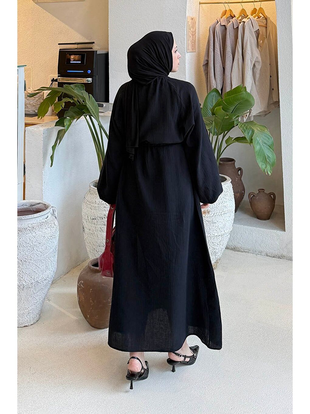 Balon Kol Bağlamalı Tesettür Elbise Siyah-3