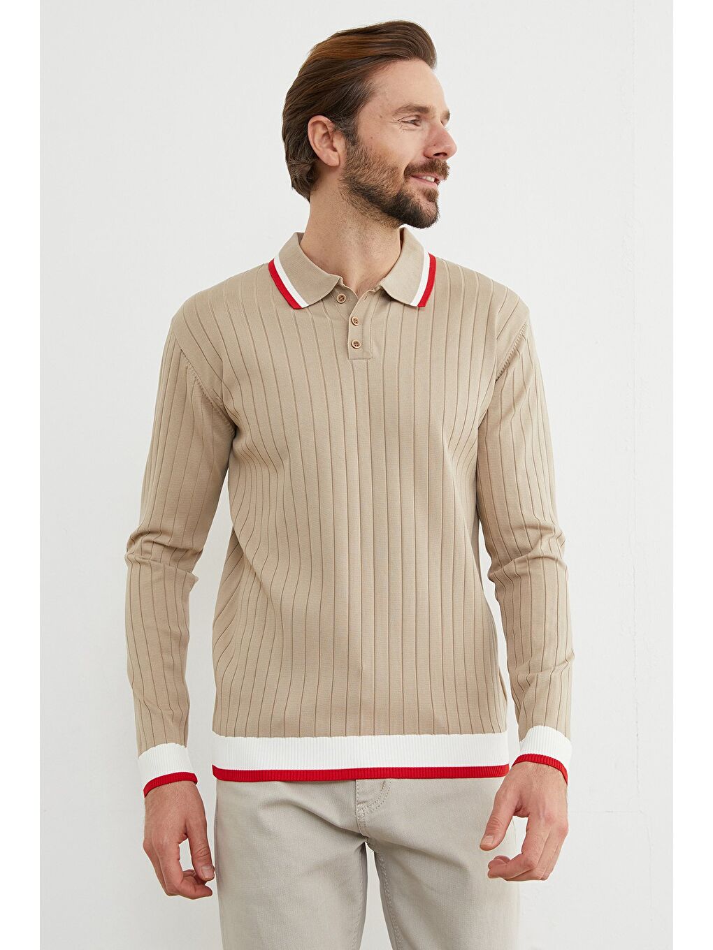 Bej Çizgili Fitilli Polo Yaka Triko Kazak-1