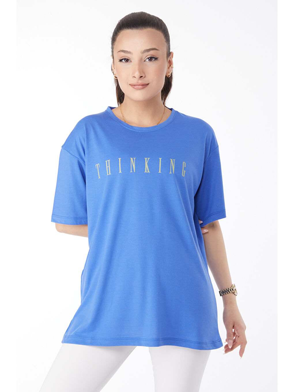 Mavi Kısa Kollu Baskılı T-shirt Saks - 24634