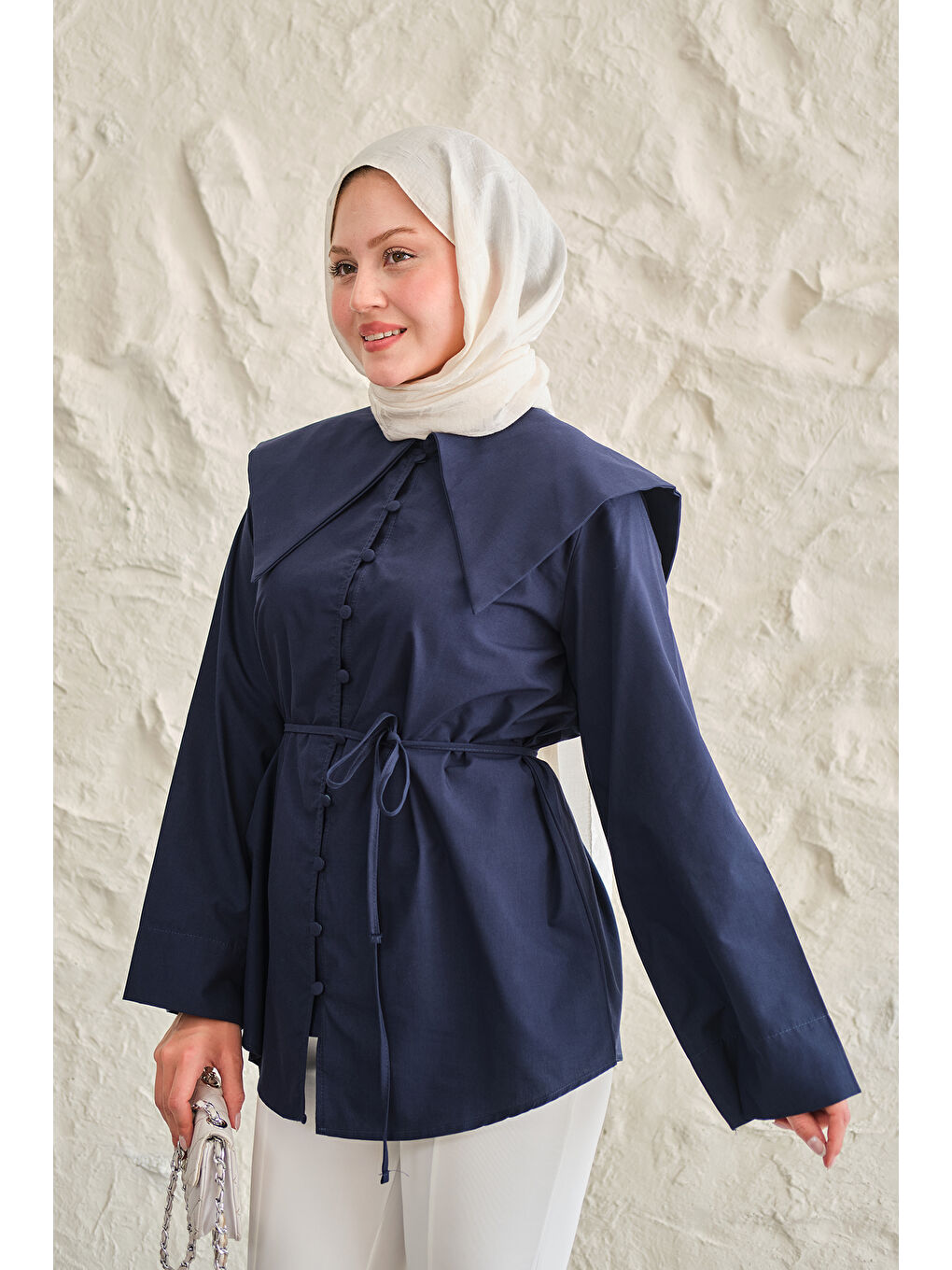 Kadın Gemici Yaka Bel Bağlamalı Gömlek Lacivert-1
