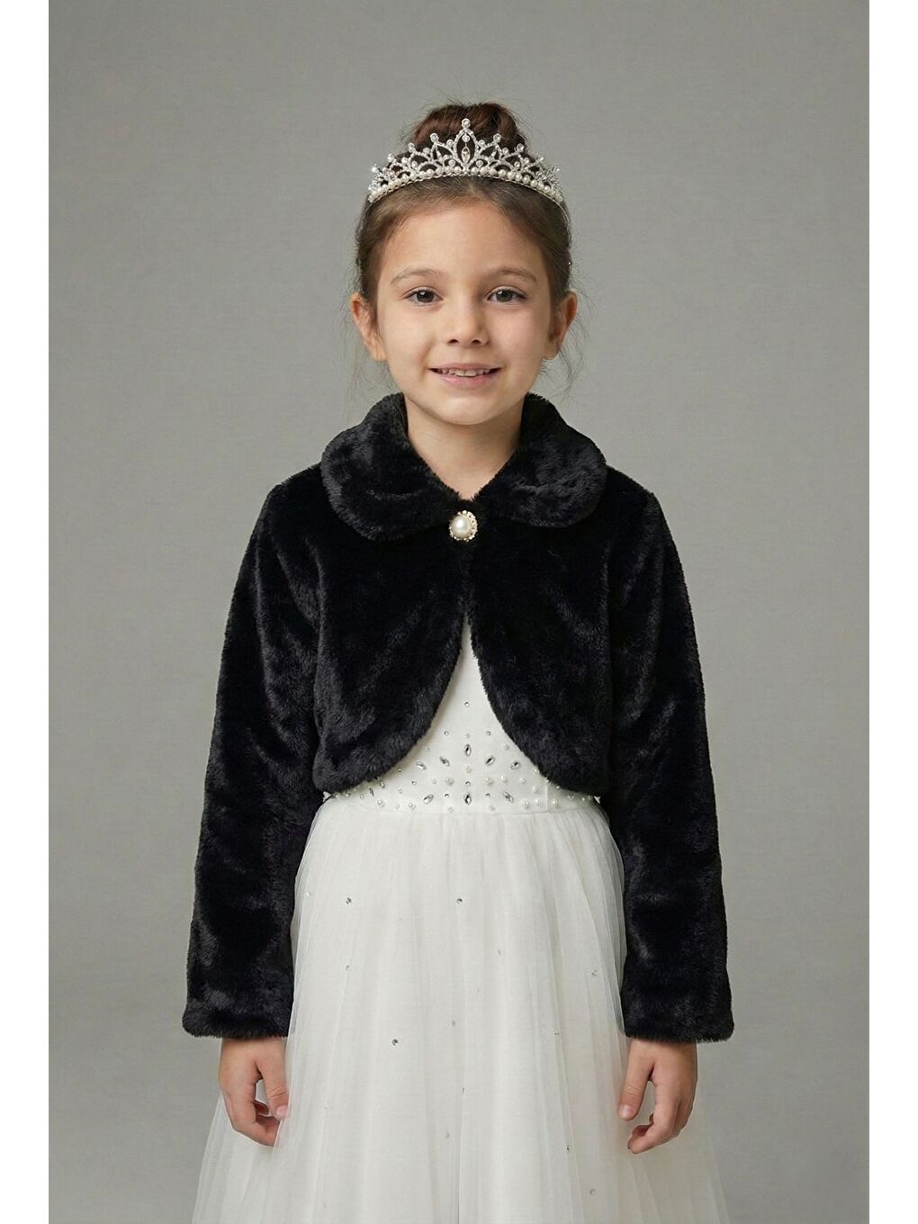 Siyah Pelüş Uzun Kol Kız Çocuk Bolerosu M00681