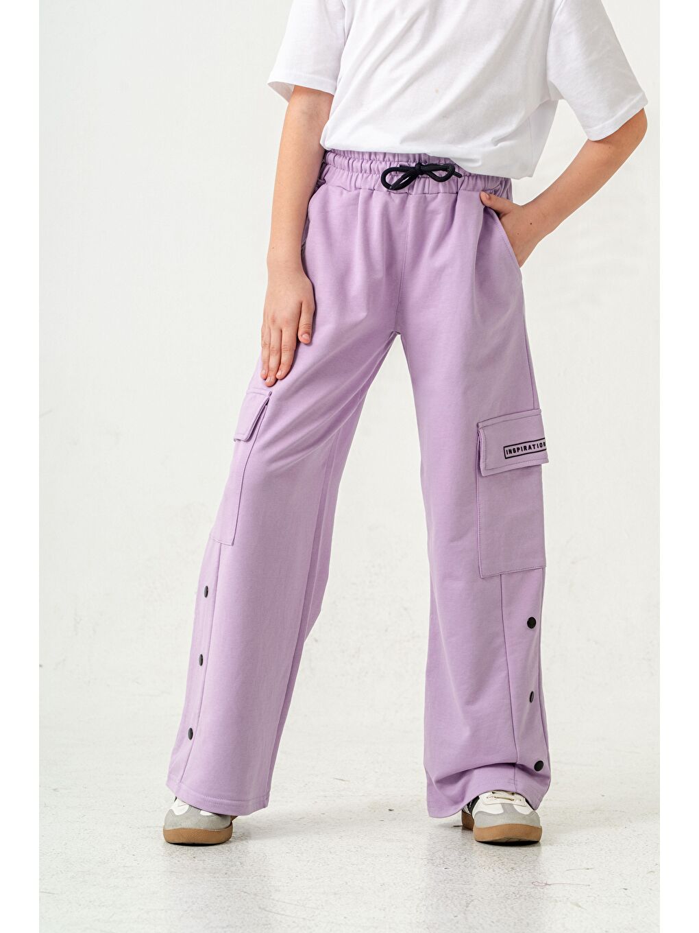 Lila Kargo Cepli Paçalar Rivetli Cep Kapagı Inspiration Baskılı Kız Çocuk Eşofman Altı-1