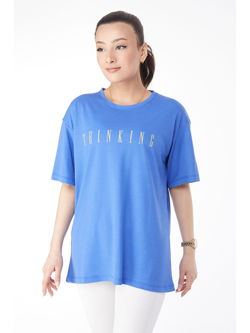 Mavi Kısa Kollu Baskılı T-shirt Saks - 24634-2