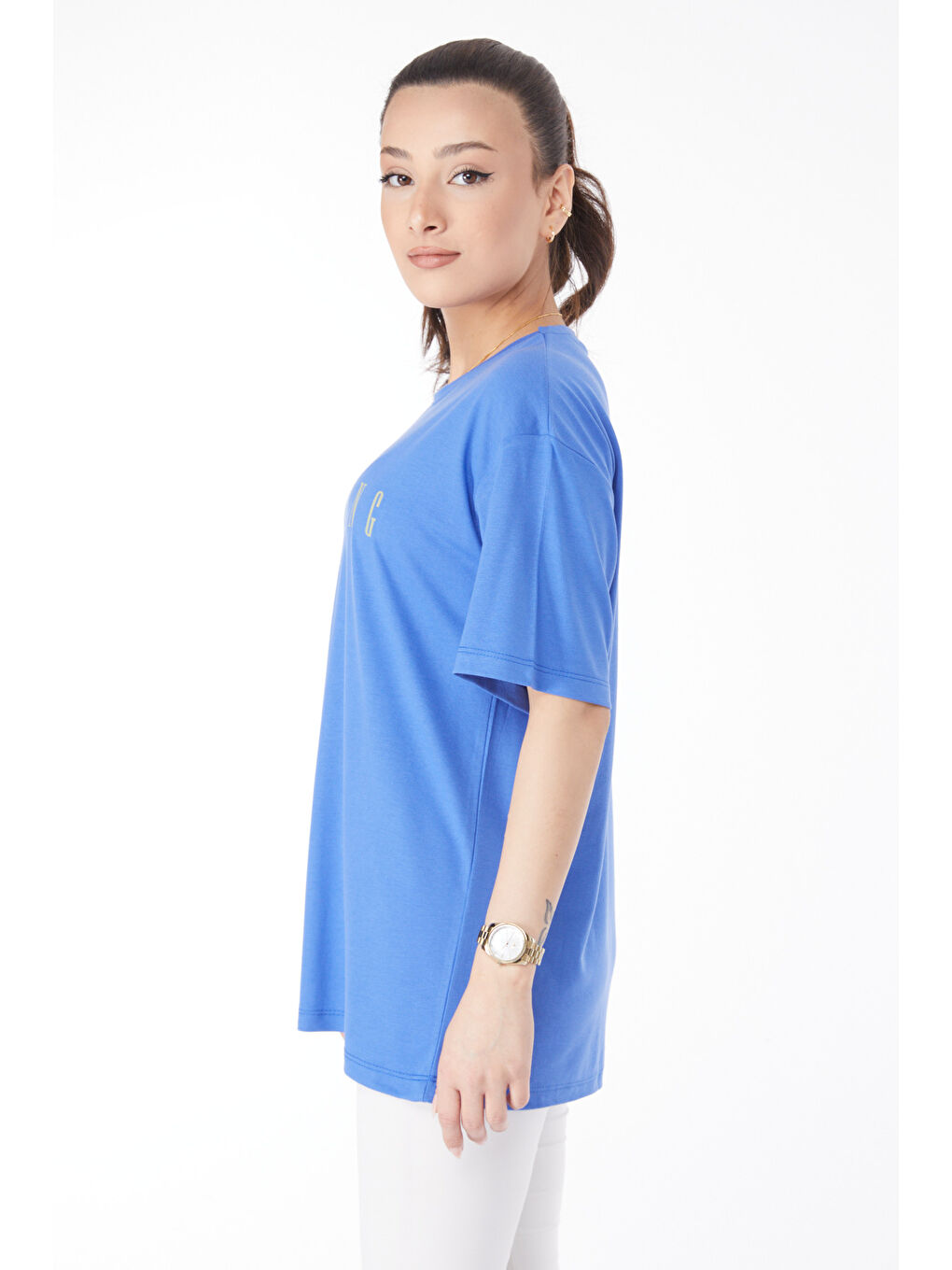 Mavi Kısa Kollu Baskılı T-shirt Saks - 24634-3