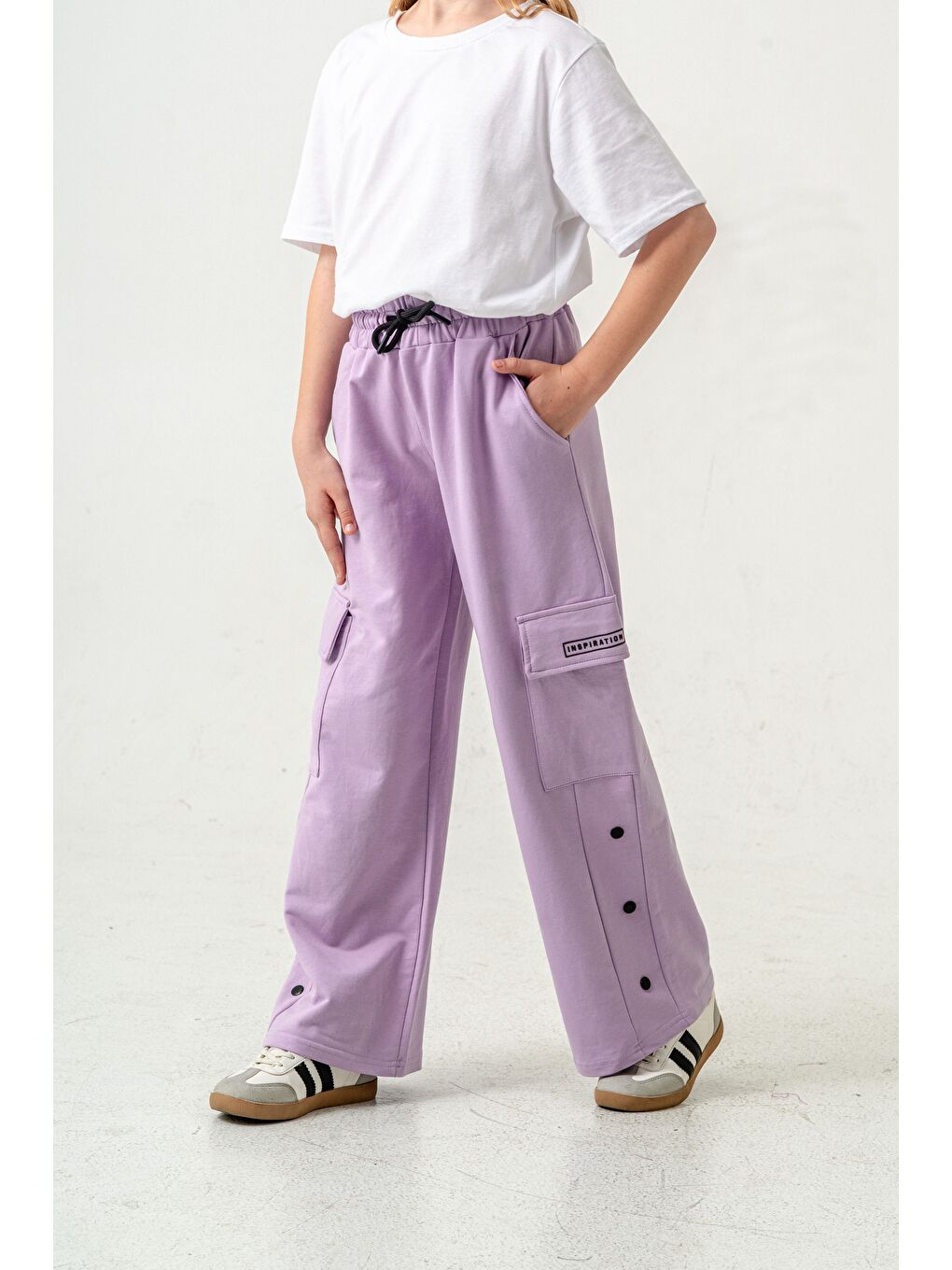 Lila Kargo Cepli Paçalar Rivetli Cep Kapagı Inspiration Baskılı Kız Çocuk Eşofman Altı-3