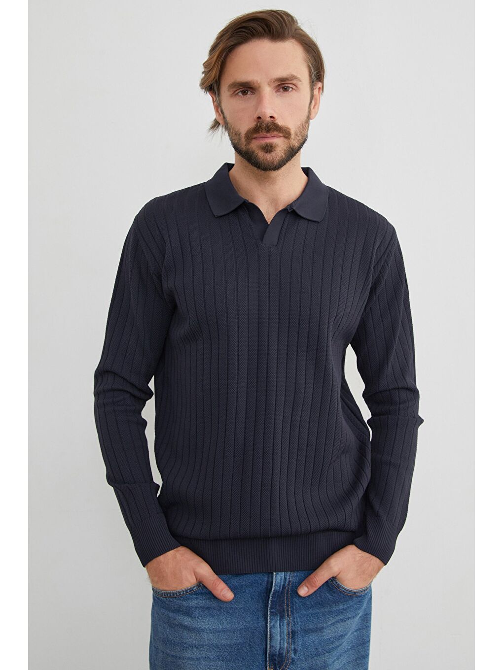 Lacivert Basic Polo Yaka Triko Kazak