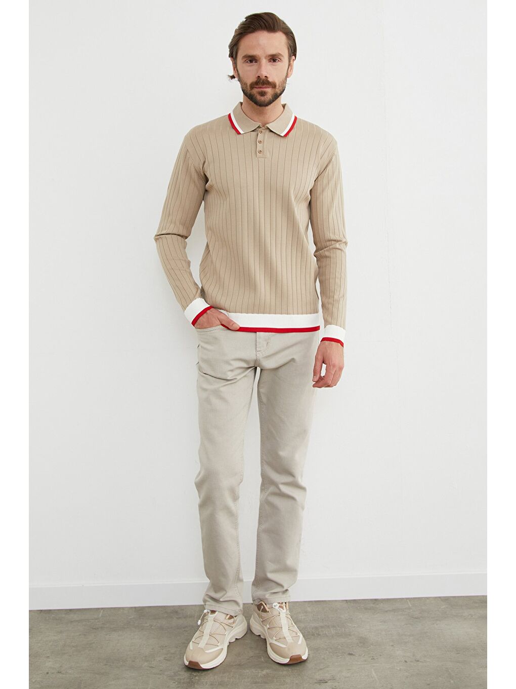 Bej Çizgili Fitilli Polo Yaka Triko Kazak-3