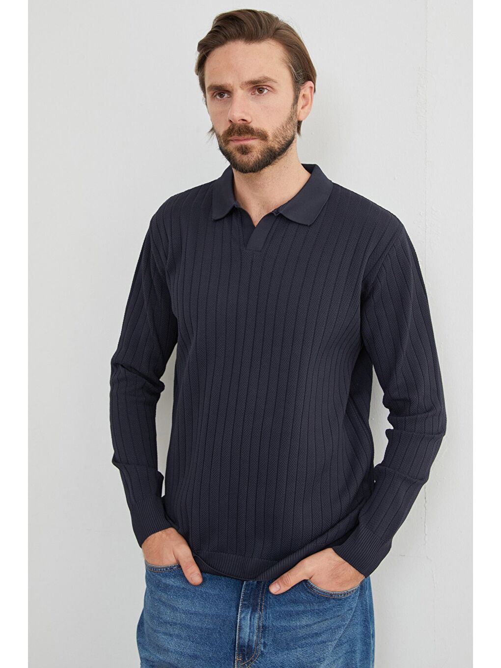 Lacivert Basic Polo Yaka Triko Kazak-1