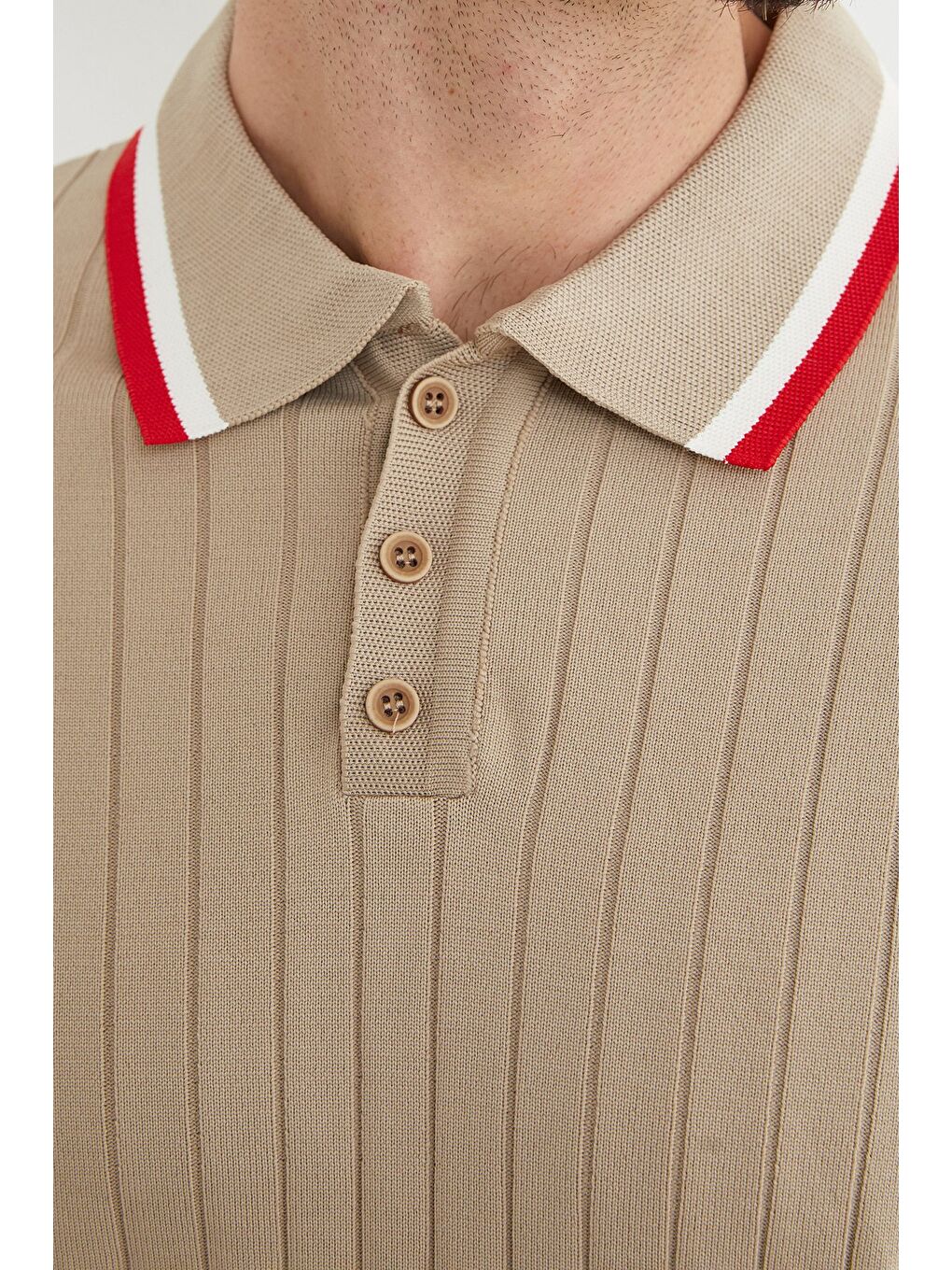 Bej Çizgili Fitilli Polo Yaka Triko Kazak-4