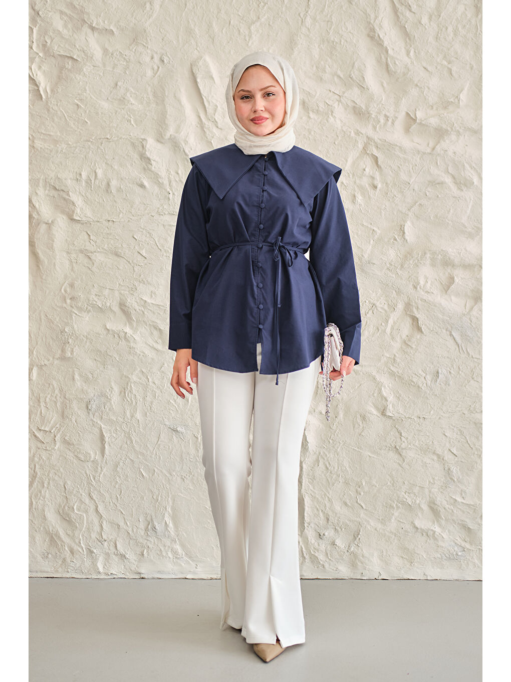 Kadın Gemici Yaka Bel Bağlamalı Gömlek Lacivert-2