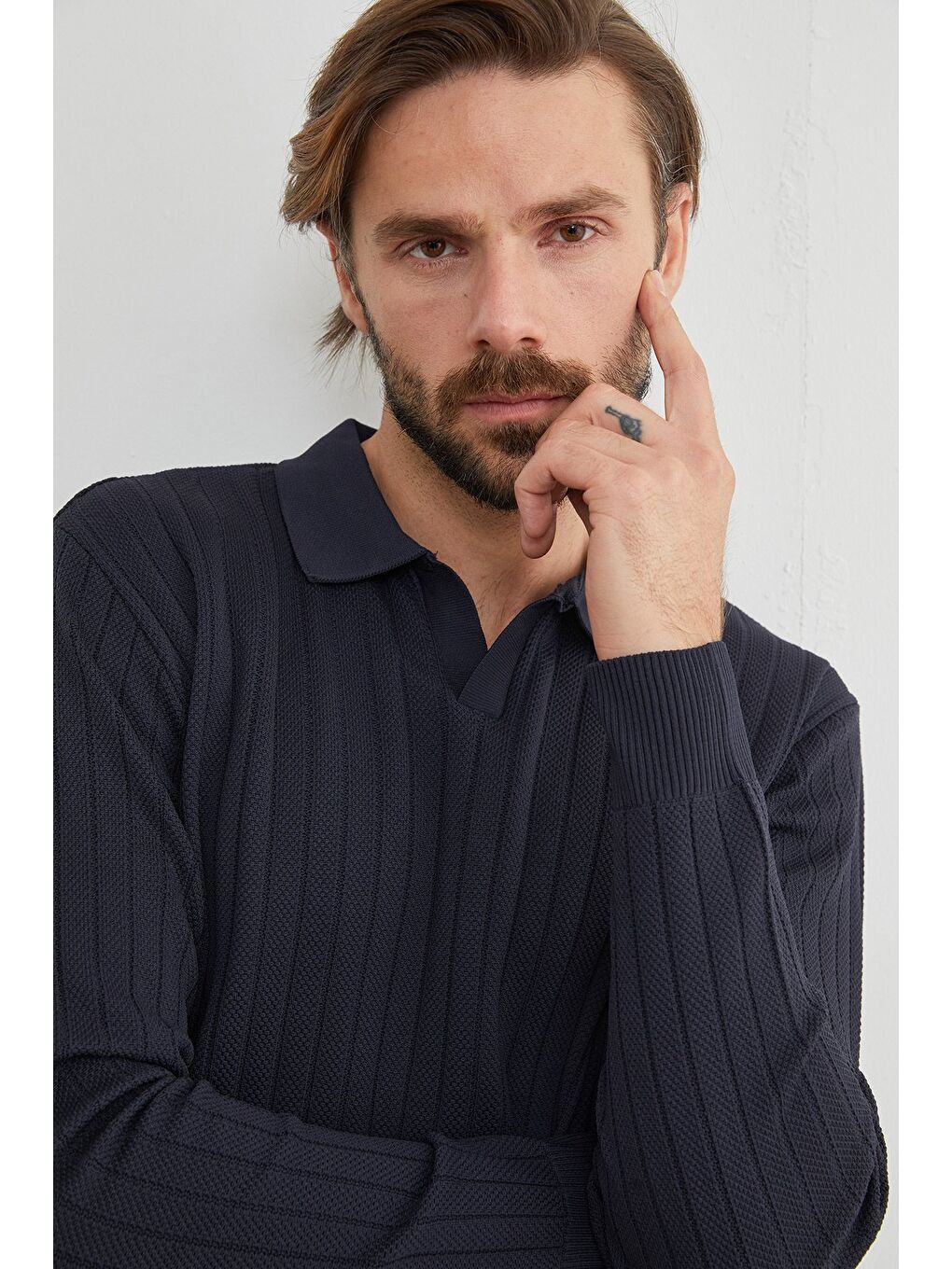 Lacivert Basic Polo Yaka Triko Kazak-2