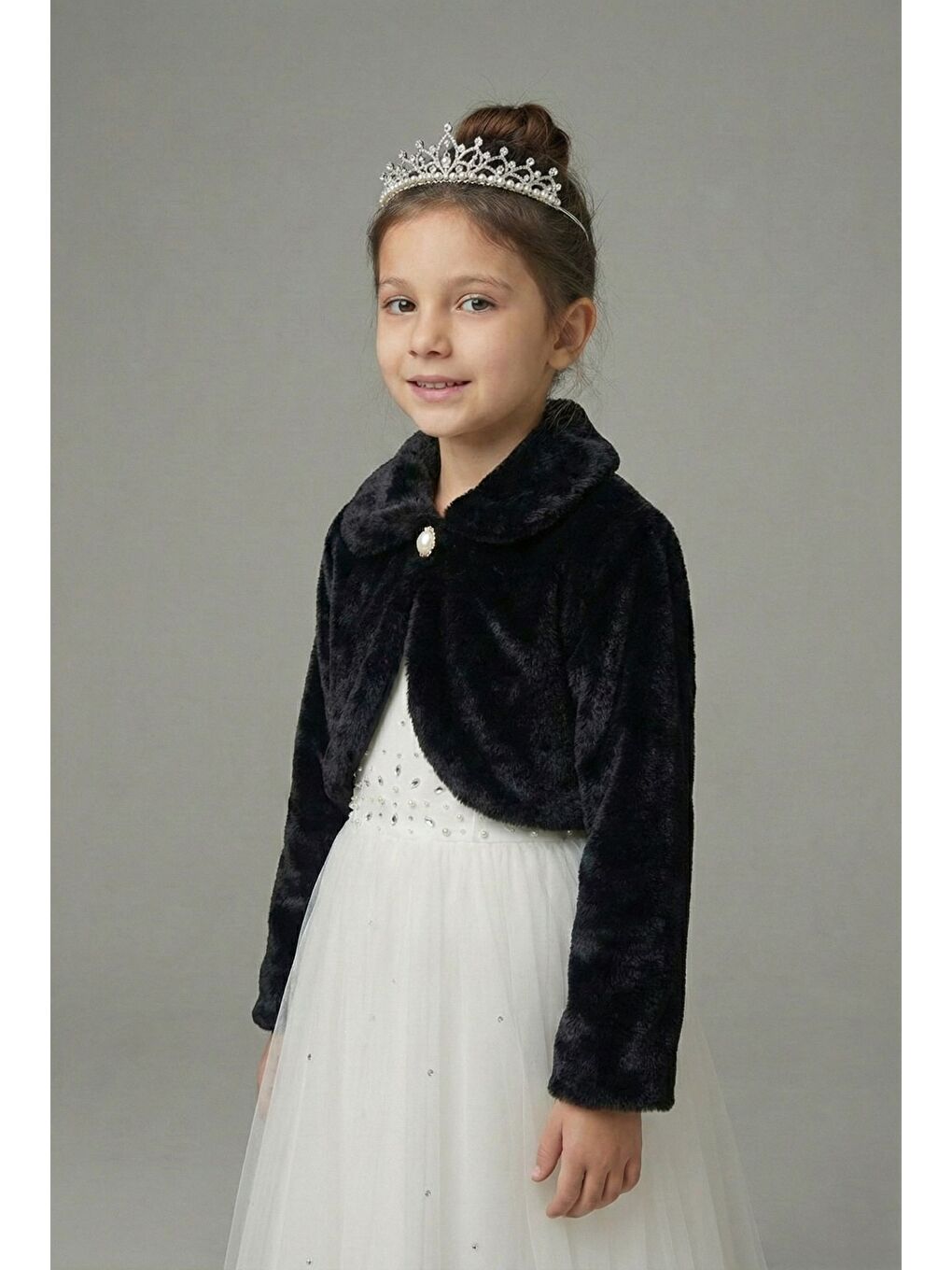Siyah Pelüş Uzun Kol Kız Çocuk Bolerosu M00681-1