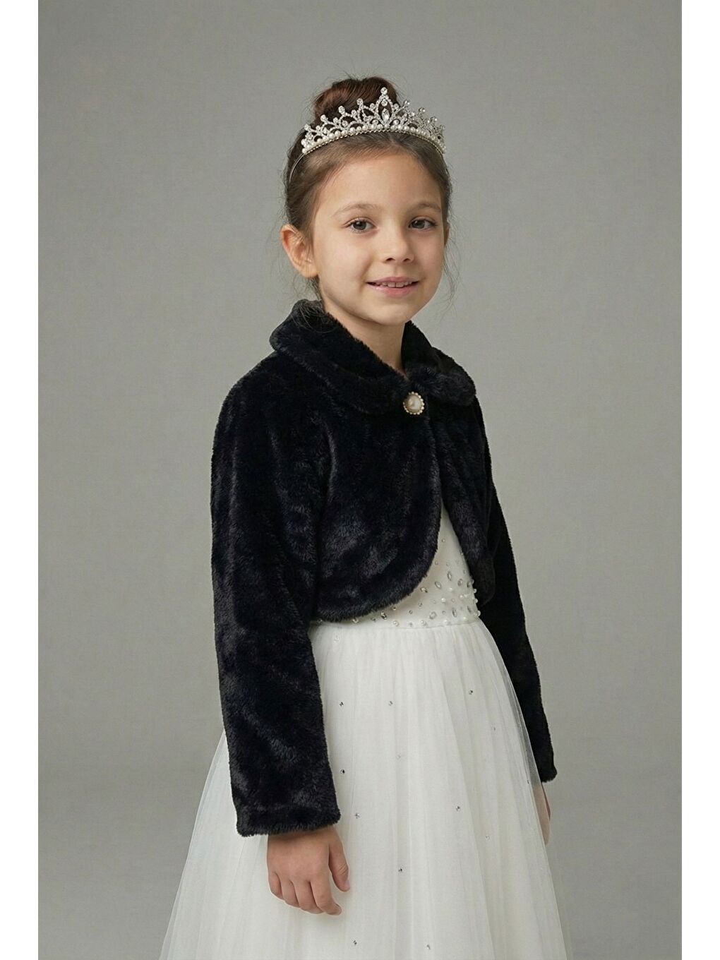 Siyah Pelüş Uzun Kol Kız Çocuk Bolerosu M00681-2