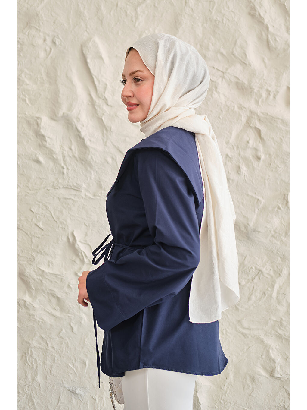 Kadın Gemici Yaka Bel Bağlamalı Gömlek Lacivert-3