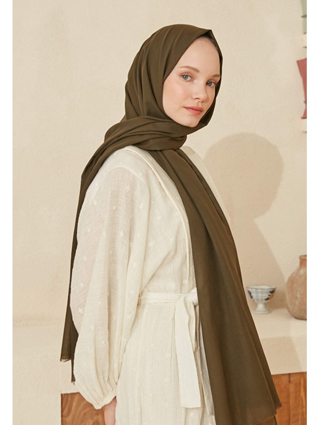 İnce Pamuk Vual Şal Haki-1