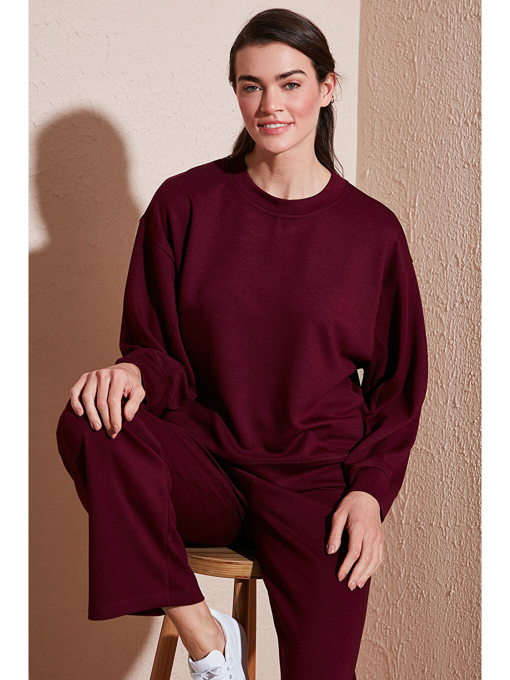Lela Bordo Streç Bisiklet Yaka Oversize Fit Kumaş Kadın Sweat 5865879