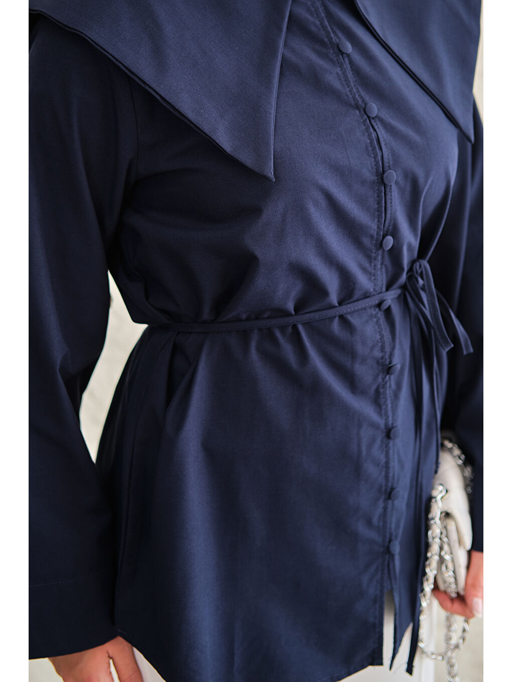 Kadın Gemici Yaka Bel Bağlamalı Gömlek Lacivert-4