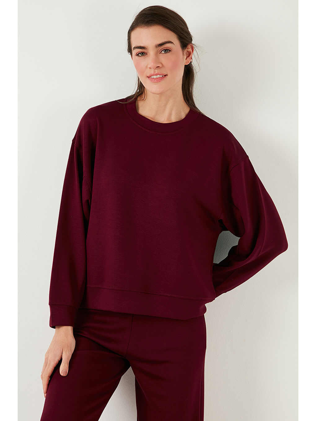 Lela Bordo Streç Bisiklet Yaka Oversize Fit Kumaş Kadın Sweat 5865879 - 4