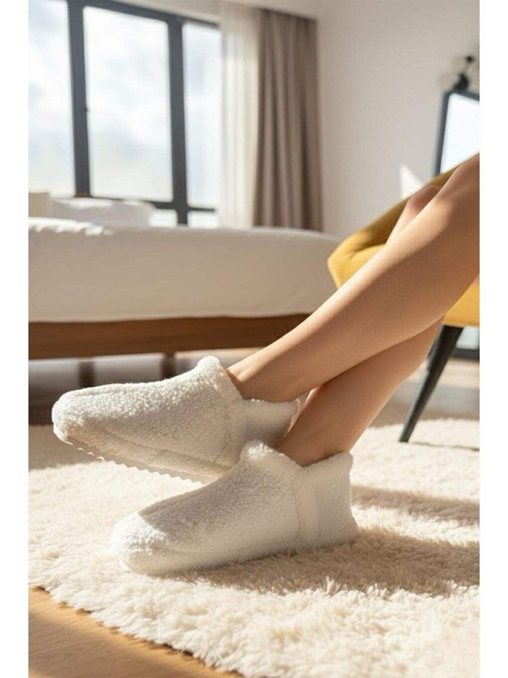 Beyaz Lory Kadın Ev Botu Pelüş Ev Pandufu Ses Yapmaz Taban Sıcak Kürklü Panduf-1