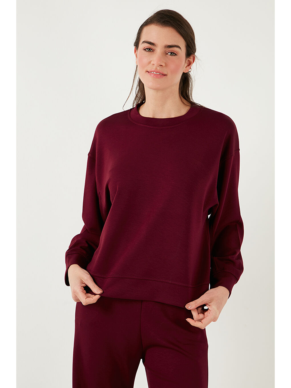 Lela Bordo Streç Bisiklet Yaka Oversize Fit Kumaş Kadın Sweat 5865879 - 5