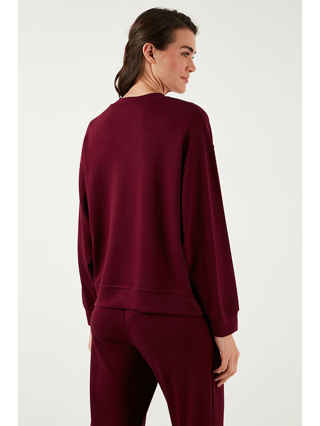 Lela Bordo Streç Bisiklet Yaka Oversize Fit Kumaş Kadın Sweat 5865879 - 6