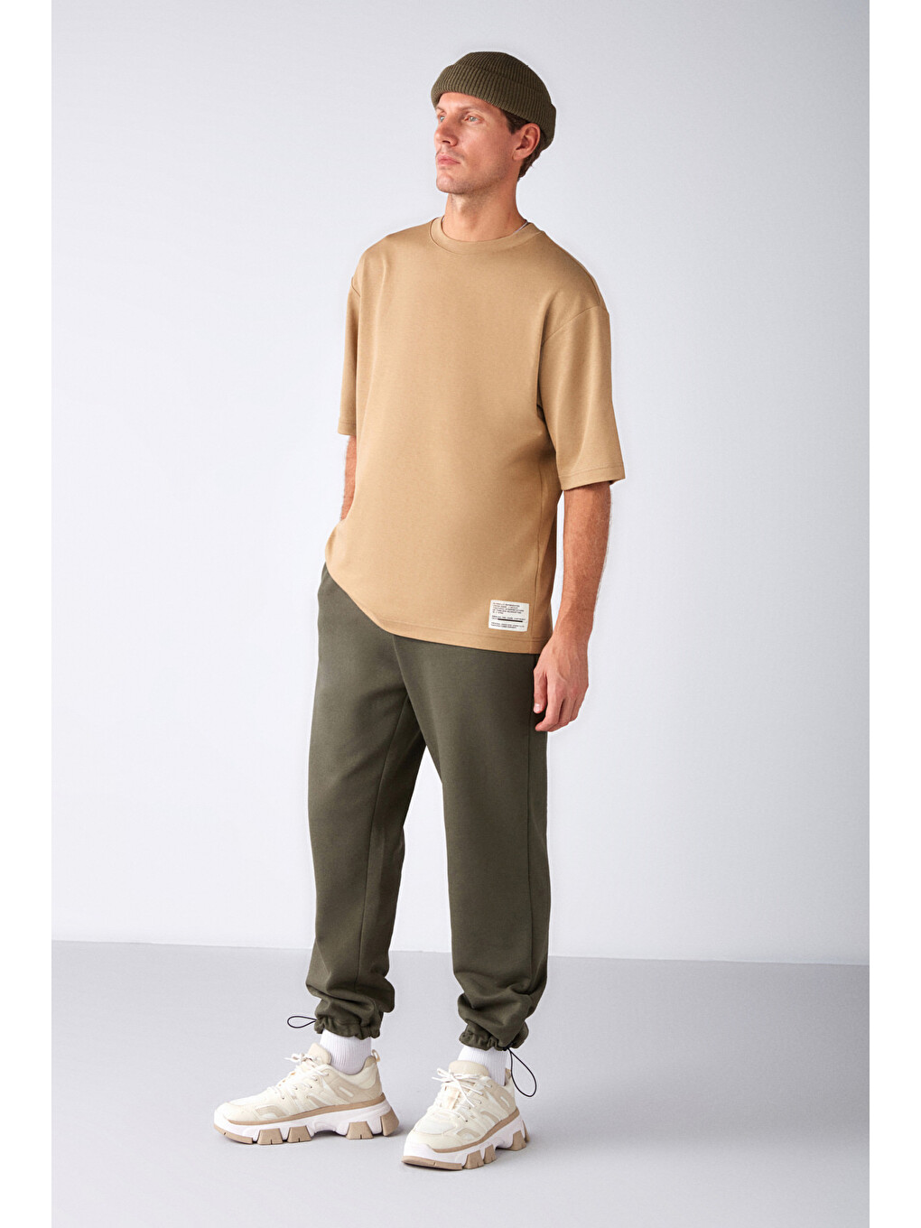 Bej JOEL Erkek %100 Organik Pamuklu Kalın Kumaşlı Özel Dokulu Etiket Detaylı Oversize BEJ T-Shirt-2